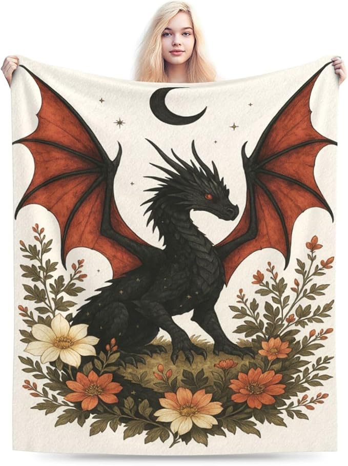 Black Dragon Blanket Floral Dragon Throw Blanket Soft Cozy Fleece Fuzzy Stuffed Plush Flannel Gifts for Girls Women Boys Kids Adults 40''x50''