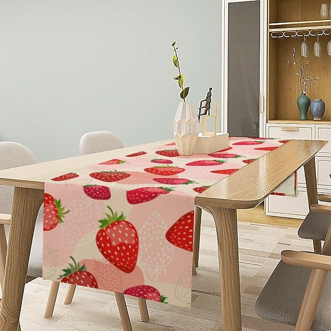 Strawberry Table Runner, Spring Summer Fruit Birthday Party Decoration Dining Room Home Kitchen Table Decor 13 x 70In