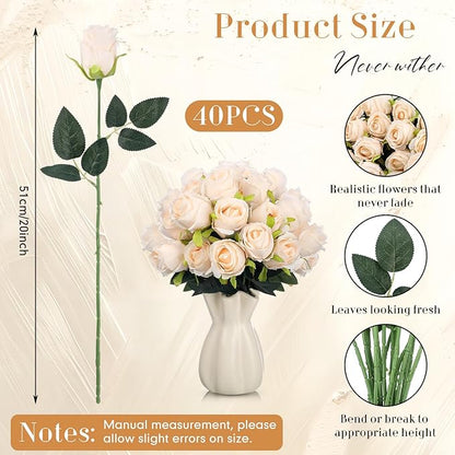 Hotop 40 Pcs Rose Artificial Flowers Bulk with Long Stem,Realistic Silk Fake Roses Bouquet for Home Wedding Centerpieces Party Table Decoration Valentines Gifts(Cream)