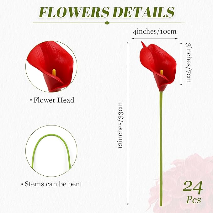 24 Pcs Red Artificial Calla Lily Flowers Fake Red Silk Flowers Real Touch for Wedding Bouquet Office Home Kitchen Decor