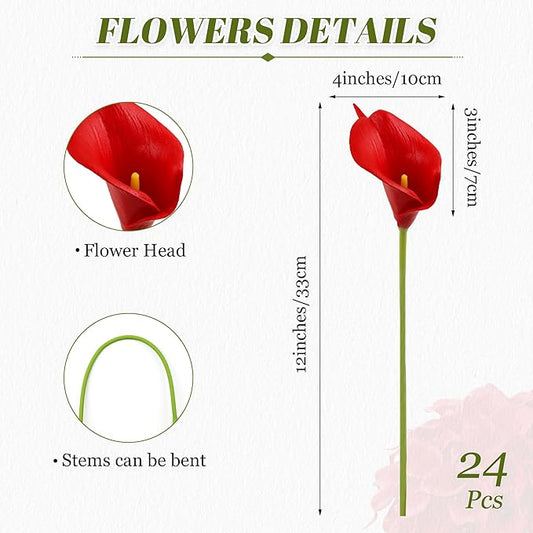 24 Pcs Red Artificial Calla Lily Flowers Fake Red Silk Flowers Real Touch for Wedding Bouquet Office Home Kitchen Decor