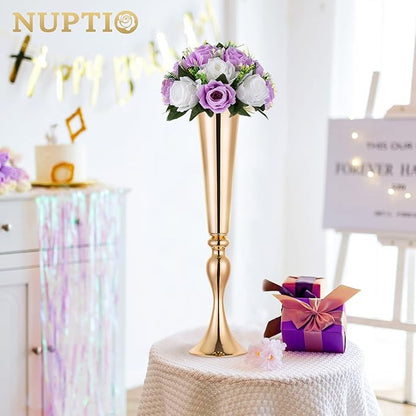 NUPTIO Flower Wedding Centrepieces for Tables - 2 Pcs 9.5in Diameter Lilac & White Artificial Flowers Rose Ball for Centerpieces Table - Fake Rose Arrangements for Weddings Birthday Party Decor