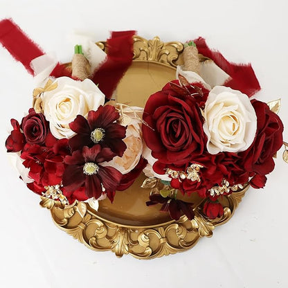 Set of 6 Bridesmaid Bouquets for Wedding - 9 Inch Luxury Artificial Flowers Bouquets for Ceremony Anniversary Centerpieces Decorations - Burgundy & Gold & White