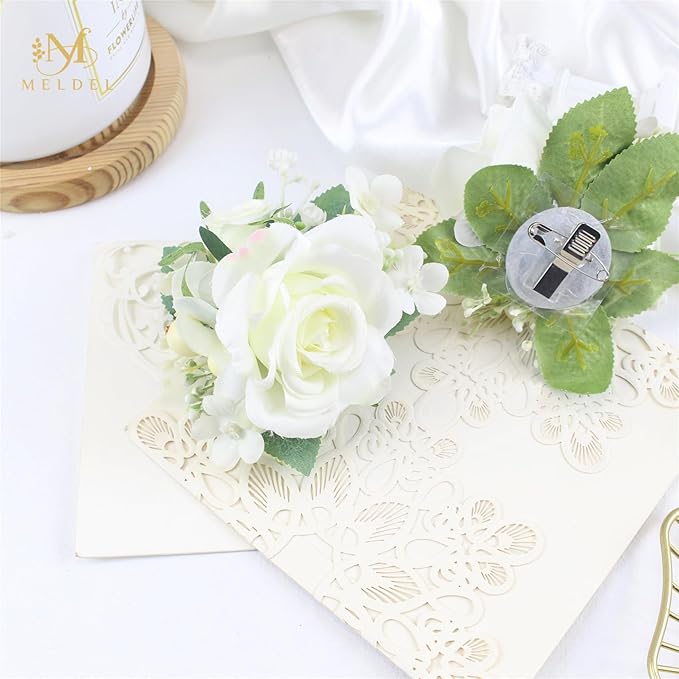 Meldel Pocket Boutonniere for Men, Set of 6, Groom Groomsman Boutonnieres for Wedding Prom Suit Accessories, Artificial White Rose Corsage for Party Ceremony Anniversary Graduation Flowers