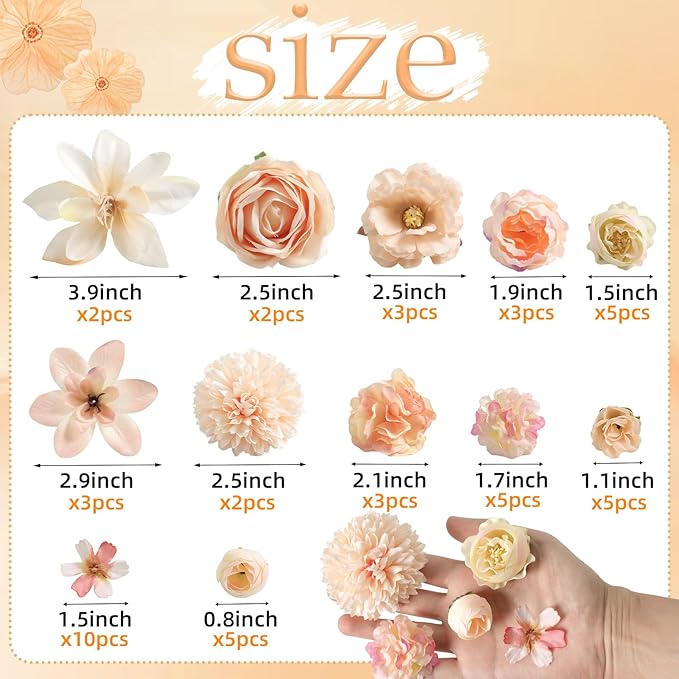 Fake Flower Heads for Crafts - Champagne Silk Artificial Roses, Peonies, Daisies & Mini Floral Heads Bulk (48-Pack) for Wedding Decor, Graduation Cap, Cake Topper, Home Decoration