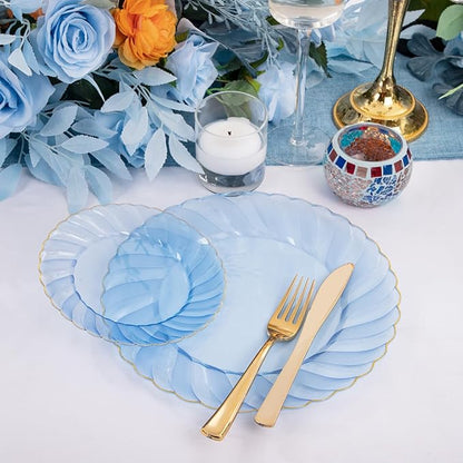 YOUBET 125PCS Clear Blue Gold Plastic Plates - Blue Disposable Plates With Gold Rim Include 25 Dinner Plates 25 Dessert Plates 75 Golden Silverwares for Wedding Birthday & Parties