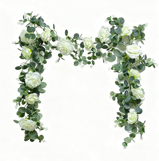 6FT Artificial Eucalyptus Garland with 14 Fake White Rose Flowers - Floral Greenery Decoration Vine for Runner, Backdrop, Arch Wall Decor,Indoor/Outdoor, (1 PCS)