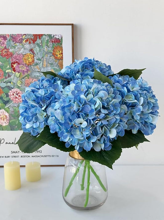 YalzoneMet 4Pcs Blue Silk Hydrangea Artificial Flower Lifelike Big Blooms 20'' Long Stem Faux Hydrangea Flower Bouquets for Home Party Indoor Baby Shower Outdoor Wedding Table Centerpiece Decor