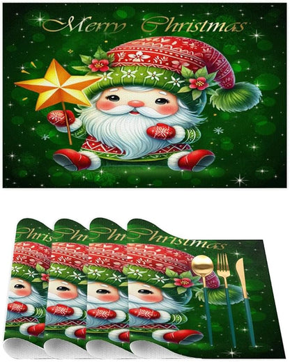 Xmas Christmas Green Santa Claus Placemats Set of 1 PVC Vinyl Non Slip Table Mats Heat Resistant Place Mats Washable Wipeable Dining Table Mat for Kitchen Decor Party Indoor Outdoor Decorative Gift