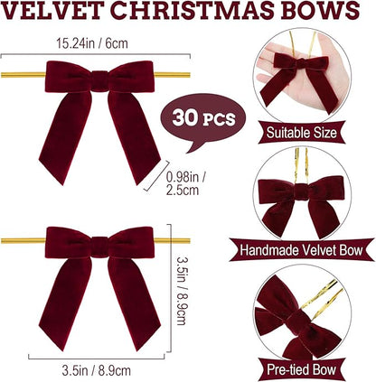 30 Pcs Velvet Ribbon Bows 3.5" x 3.5" Pre Tied Christmas Velvet Bows with Twist Tie for Gift Packaging Christmas Tree Wreaths Door Windows Wedding Party Decoration(Burgundy)