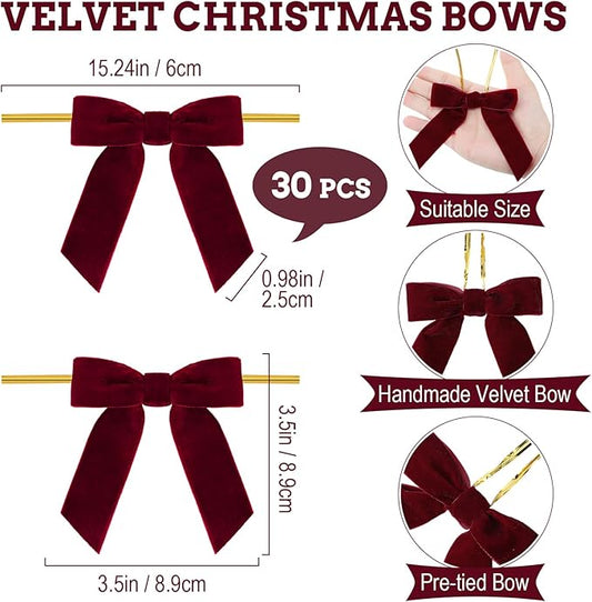 30 Pcs Velvet Ribbon Bows 3.5" x 3.5" Pre Tied Christmas Velvet Bows with Twist Tie for Gift Packaging Christmas Tree Wreaths Door Windows Wedding Party Decoration(Burgundy)