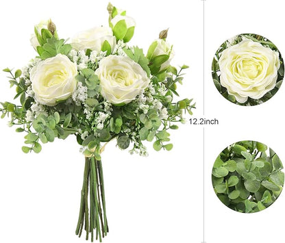 DEEMEI Artificial Babys Breath Flowers Silk White Peony Roses Eucalyptus Leaves Wedding Bridal Bouquets for Table Centerpieces (2 Bundles)
