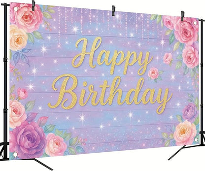 71 x 43 Inch Happy Birthday Backdrop Purple Pink Floral Glitter Rose Birthday Party Decorations Banner for Girls Women Kids Birthday Supplies Photo Booth Wall Backdrop Photography Props