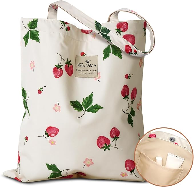 Aesthetic Cotton Tote Bag for Women - Reusable Shoulder Bag with Buckle Fabric Bag for Gym, Travel, Work