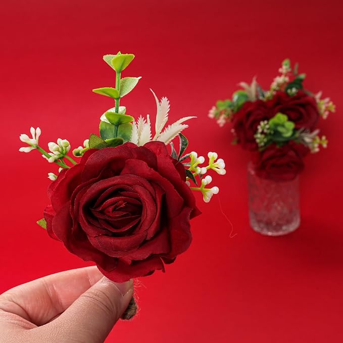 Ivory Rose Boutonniere for Men Wedding Set of 6 Groom Groomsmen Best Man Artificial Flowers Boutonniere for Wedding Ceremony Anniversary Prom Flowers Formal Dinner Party (6, Red, Middle)