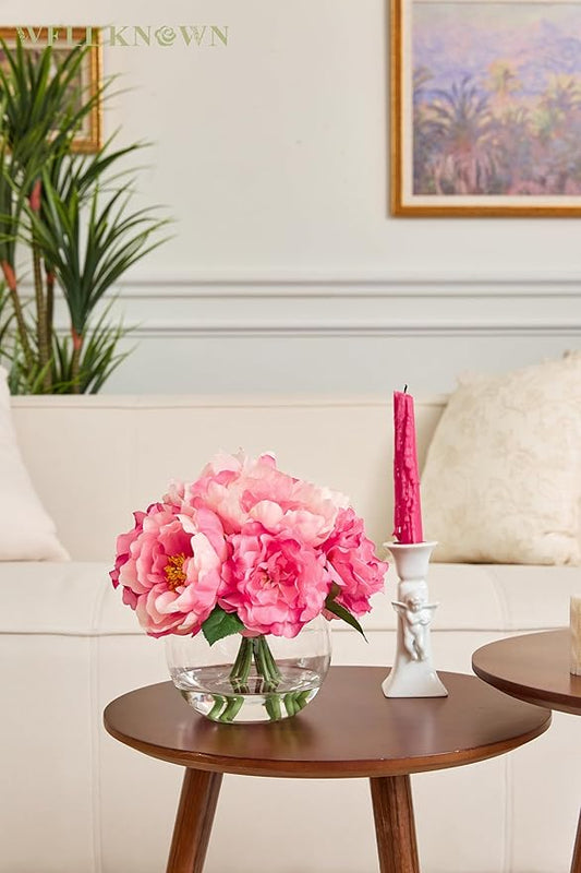 Artificial Flowers in Vase, Silk Peonies Bouquet for Vase with Faux Water, Fake Peony Flower Arrangement for Home Wedding Birthday Party Dining Table Centerpiece New Year Decor Mom's Gift (Pink)