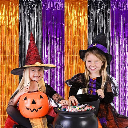 TONIFUL 2Pcs Orange Purple Black Metallic Tinsel Foil Fringe Curtains,3.28ft x 6.56ft Halloween Photo Booth Backdrop Streamer,Photo Props,for Party Door Wall Curtains Wedding Birthday(9.9ft x 6.6ft)