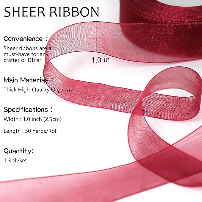 Burgundy Ribbon for Gift Wrapping, 1 inch 50Yard Sheer Organza Tulle Ribbon, Wine Red Gifts Wrap Chiffon Ribbons for Christmas, Mothers Day, Crafts, Flower Bouquet, Wedding, Valentines Day