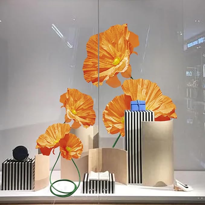 Artificial Paper Flower Decoration, Artificial Fake Flowers with Stems, for Wedding Background Decor, Shop Window Display,Photography Props, Banquet, Centerpieces 3 Pack (Orange)