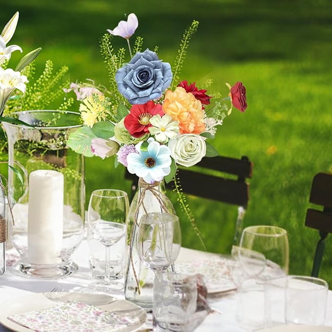 ASTRYAS Fake Artificial Flowers Combo, Faux Silk Colorful Flowers for Spring Summer DIY Wedding Bridal Bouquet Centerpieces Arrangements Party Bridal Baby Shower Home Decorations - Multicolor