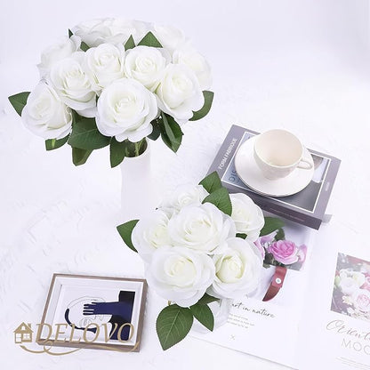 52pcs Ivory Roses Artificial Flowers Ivory White Roses Fake Flowers Silk Roses with Stems for DIY Wedding Bouquets Bridal Shower Centerpieces Arrangements Party Decorations