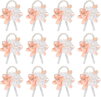 MECCANIXITY 12Pcs Wrist Corsage Artificial Flower Bracelets Rose Wrist Bride Groom Decorative for Wedding Ceremony Prom Party Anniversary Light Orange