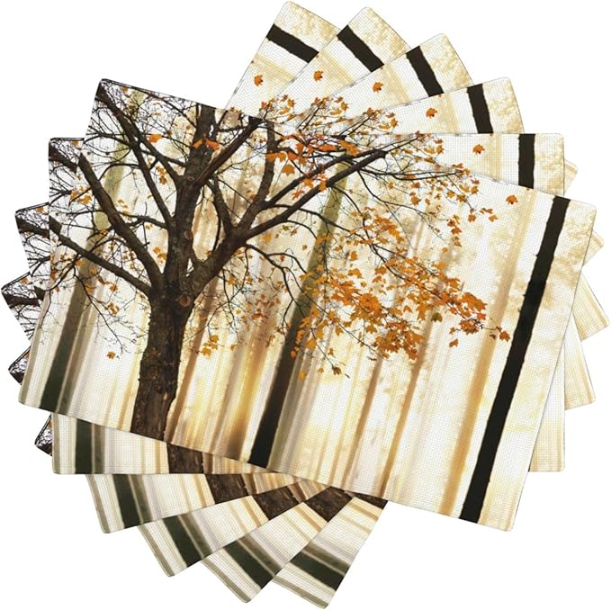 Autumn Forest Placemats Set of 6,Kitchen Table Mats for Dining Outdoor Home Decor Linen 12x18 Inch 6 PCS, Style-9