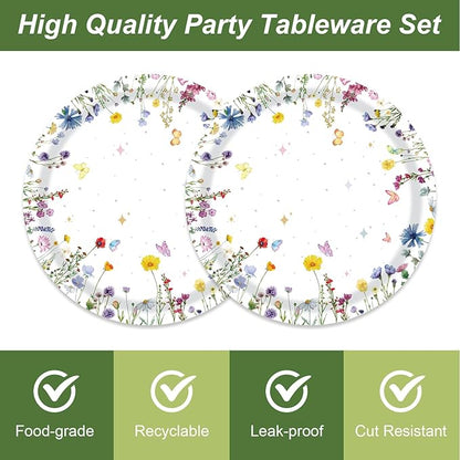 48pcs Flower Party Decoration Set,16 Dessert plate,16 Napkin And 16 Fork,16 persons Baby in Bloom Floral Disposable tableware,Wildflower Birthday Party Supplies (Multicolor 24)