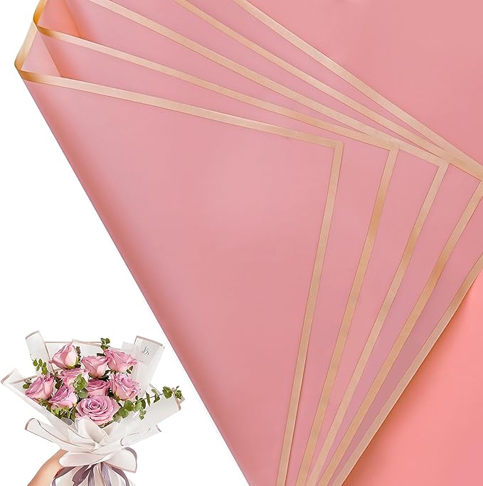 30 Sheets Blush Pink Gold Edge Flower Bouquet Wrapping Paper，Florist Supplies Waterproof Floral Bouquet Wrapping Paper Bouquet Accessorie，Flower Shop Packaging Pape for DIY Gift Wedding Birthday