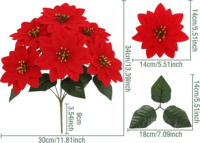 7 PCS Red Silk Poinsettia Flowers with 7 Heads - Artificial Christmas Floral Bouquet for Xmas Party, Winter Holiday Decor, Table Arrangements, Home & Seasonal Displays