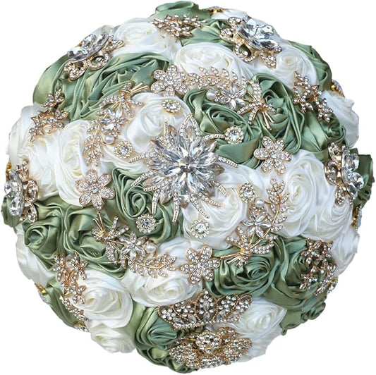 Handmade Satin Rose Floral Bling Pearl Decor Bridal Wedding Bouquet Rhinestone Pendant Artificial Brooch Flowers for Bride Bridesmaid Quinceanera