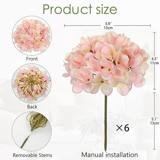 Hollyone 6 Pcs Light Pink Hydrangea Artificial Flowers Heads with Stems Silk Faux Hydrangea Pink Fake Flowers for Home Indoor Outdoor DIY Floral Wedding Flower Bouquets Kitchen Table Centerpiece Decor