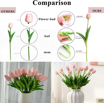 Artificial Flowers 20pcs Fake Tulips Real Touch, Faux Latex Tulips Flowers with Gift Box Soft Faux Tulips Bouquets Arrangements for Party Wedding Home Room Decoration(Pink)