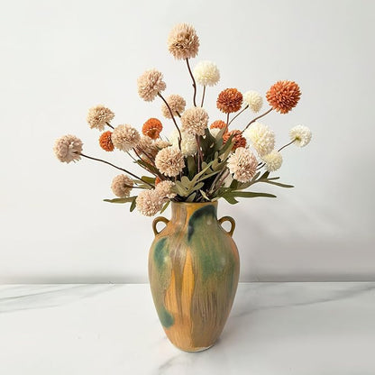 Terracotta Pottery - 10" Unique Decorative Farmhouse Vase with Handle, Green Glazed Earth Yellow Boho Neutral vase Home Decor, Vintage Ceramic Flower vases for Living Room, Kitchen Decor