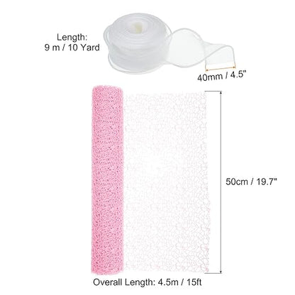PATIKIL Flower Wrapping Mesh Paper, 15ft Floral Bouquet Craft Packaging Hollow Net Yarn with Ribbon for Flowers Gift Packaging, Light Pink
