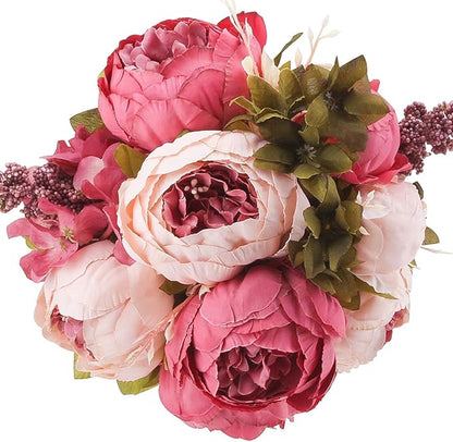 Flojery Silk Peony Bouquet Vintage Artificial Peonies Flower for Home Wedding Party Decor (1pcs, Dark Pink)
