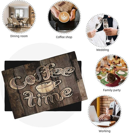 Coffee Place Mats Set of 4,Coffee Time Phrase with A Cup on A Wooden Grunge Background Kitchen Image Placemats for Dining Table 6 PCS, Cafe-1