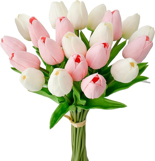 Mandy's Artificial Tulips 20 Stems White and Light Pink PU Faux Flowers for Thanksgiving and Christmas Decorations Wedding Home Decor 13.5 Inch
