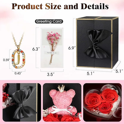 Cute Preserved Real Roses Bear Gift Box for Girlfriend with Initial Necklace J, Unique Birthday Gift for Mom, Her, Grandma, Anniversary Presents for Wife Women