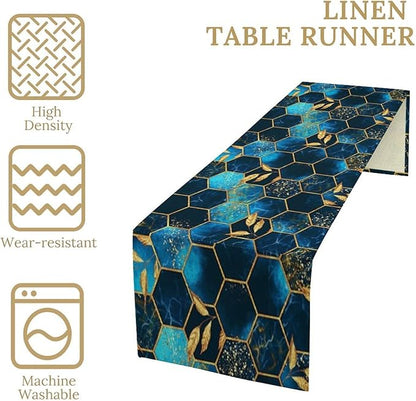 Sky Blue Honeycomb Table Runner Abstract Sea Blue Marble Hexagon Texture Golden Leaves Seasonal Dinner Runner Table Decoration for Farmhouse Home Kitchen Dining Holiday Party 13x36in