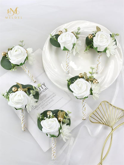 Meldel White Boutonniere for Men Wedding, Set of 6, Best Man Groom Groomsmen Boutonniere, Men Boutonnieres for Wedding Prom Party Homecoming