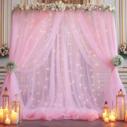 20x10ft Baby Pink Tulle Backdrop Curtain with Lights String for Parites, Sheer Backdrop Curtains for Wedding Baby Shower Birthday Party Photo Shoot Decorations