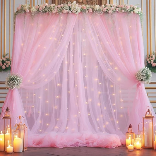 20x10ft Baby Pink Tulle Backdrop Curtain with Lights String for Parites, Sheer Backdrop Curtains for Wedding Baby Shower Birthday Party Photo Shoot Decorations