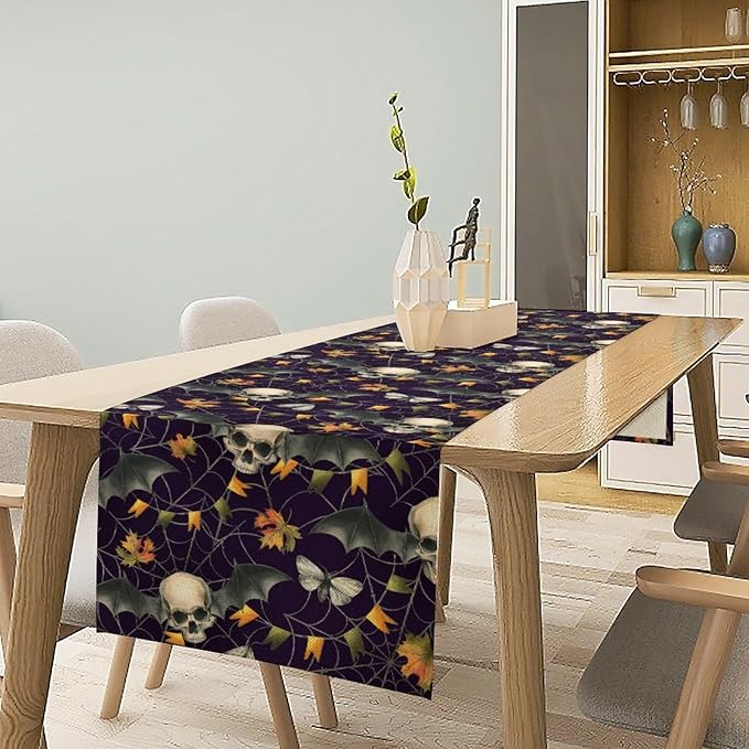 Gothic Table Runner,Vintage Moth Skull Bat Print Table Runner for Home Kitchen Table Dining Garden Farmhouse Wedding Party Decor 13x90 Inch