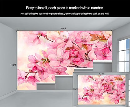 Watercolor Cherry Blossom Wall Mural, Japanese Cherry Blossom 3D Wall Murals, Simple Elegant Flowers Wallpaper Mural, for Living Room Bedroom Large Wallpaper Indoor Decor 98.4" W x68.9 H