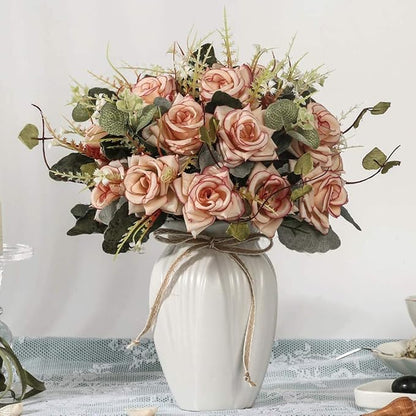 LESING Artificial Rose with Vase,Fake Silk Flowers Bouquets in Vase Table Centerpiece Arrangement for Kitchen Living Room (Pink)