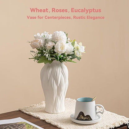 White Ceramic Vase with Reed-Inspired Texture - 9" Unique Flower Vase for Pampas Grass & Centerpieces, Decorative Boho/Farmhouse Vase for Living Room,Office Desk & Housewarming Gift (for Her/Yourself)