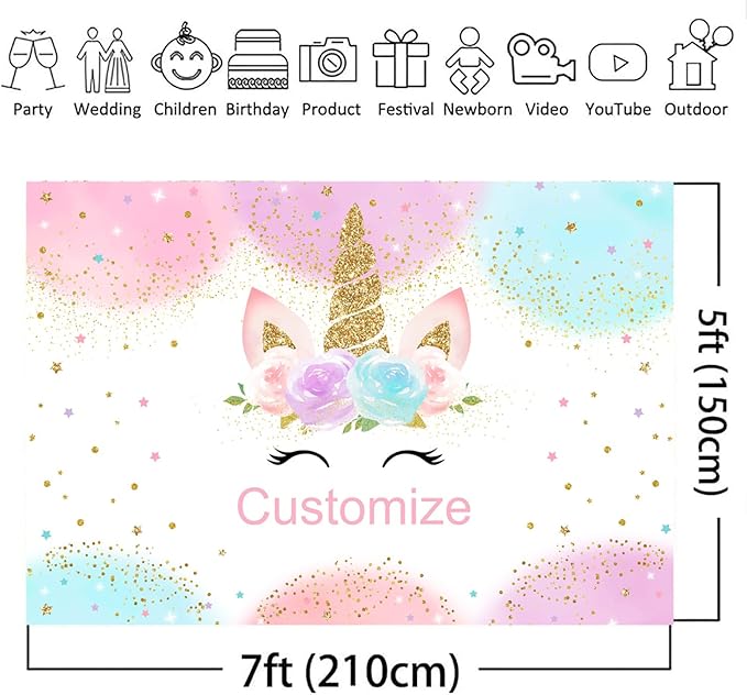 Mocsicka Custom Rainbow Unicorn Backdrop for Girls Birthday Baby Shower Party Personalized Unicorn Backdrop Customize with Name and Photo Party Decorations
