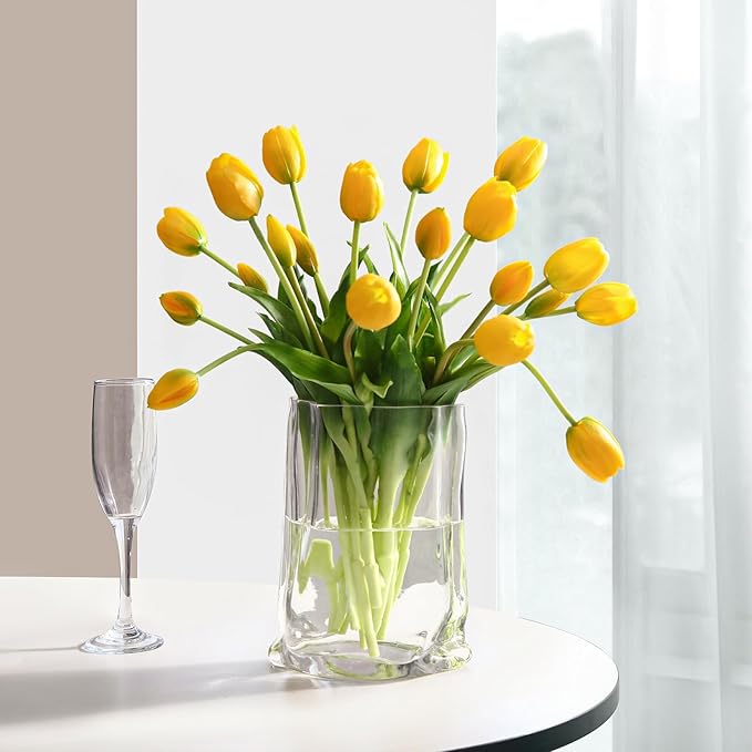 Artificial Tulips 20pcs Fake Yellow Tulips Real Touch, Faux Latex Tulips Flowers with Gift Box for Party Wedding Home Room Decoration