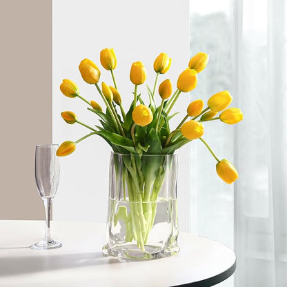Artificial Tulips 20pcs Fake Yellow Tulips Real Touch, Faux Latex Tulips Flowers with Gift Box for Party Wedding Home Room Decoration